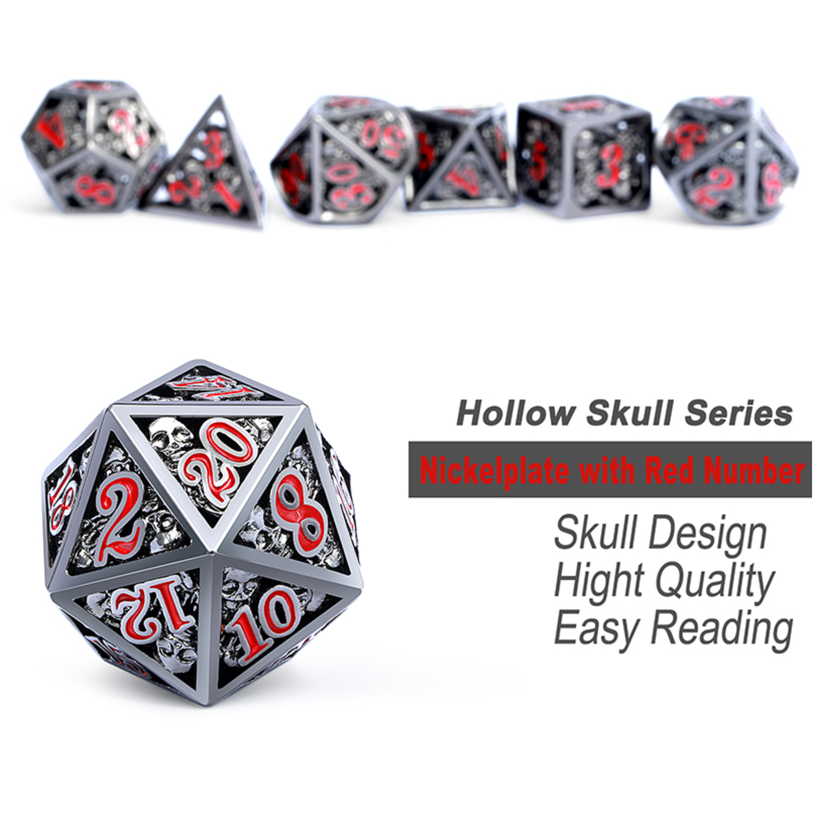 Dice Habit Dice: 7pc Hollow Skull Gunmetal & Red
