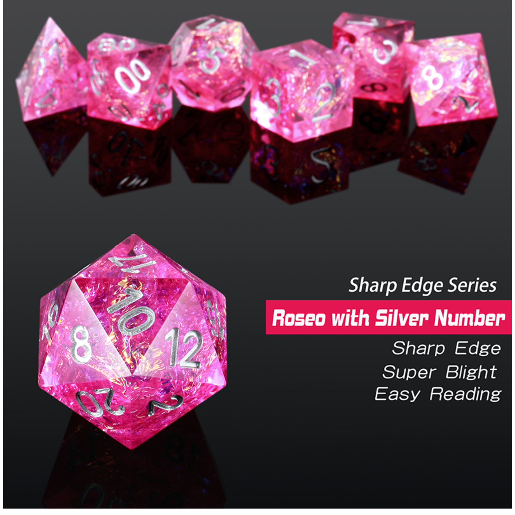 Dice Habit Dice: 7pc Sharp Edge Strawberry - Pink & Silver