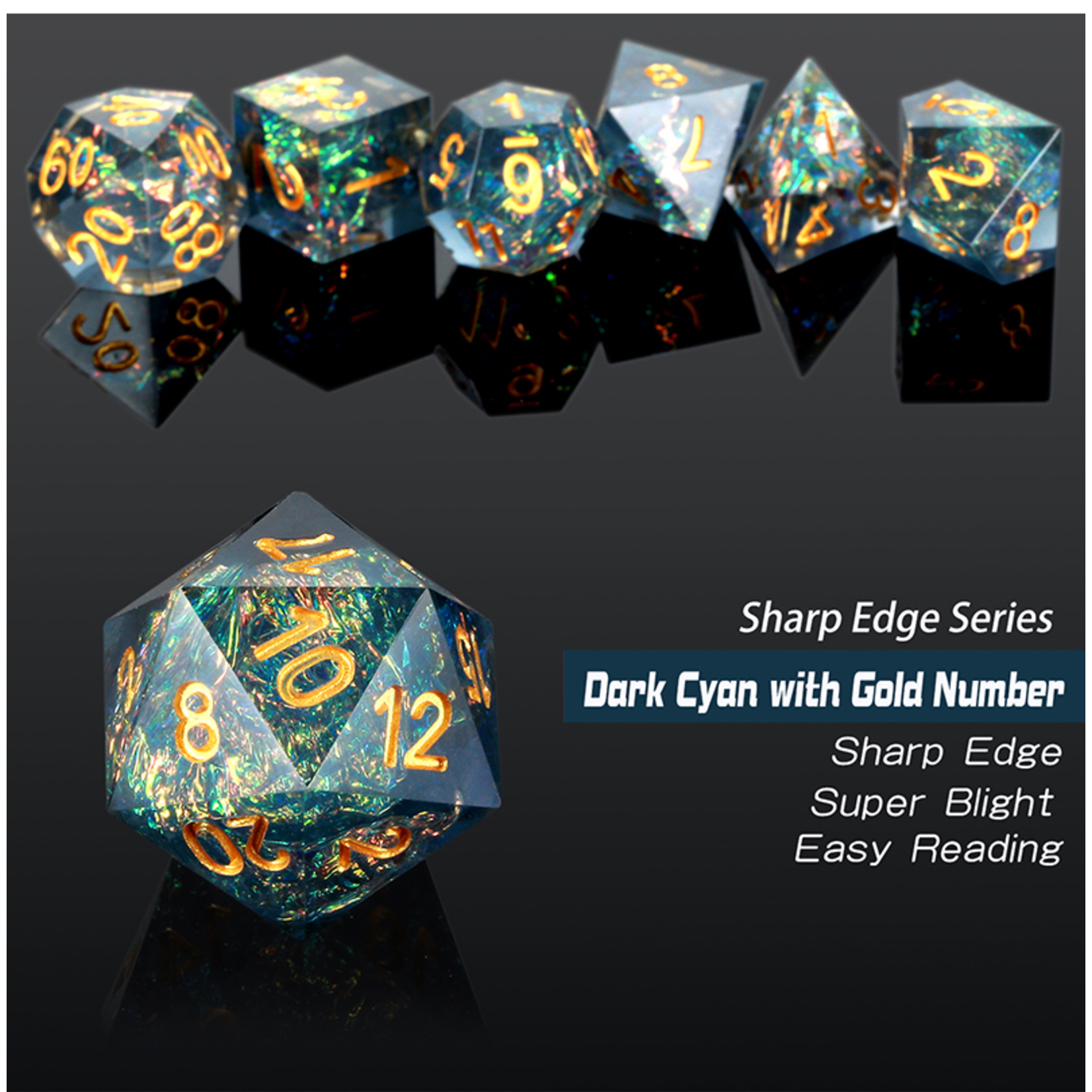 Dice Habit Dice: 7pc Sharp Edge Peacock - Dark Cyan & Gold