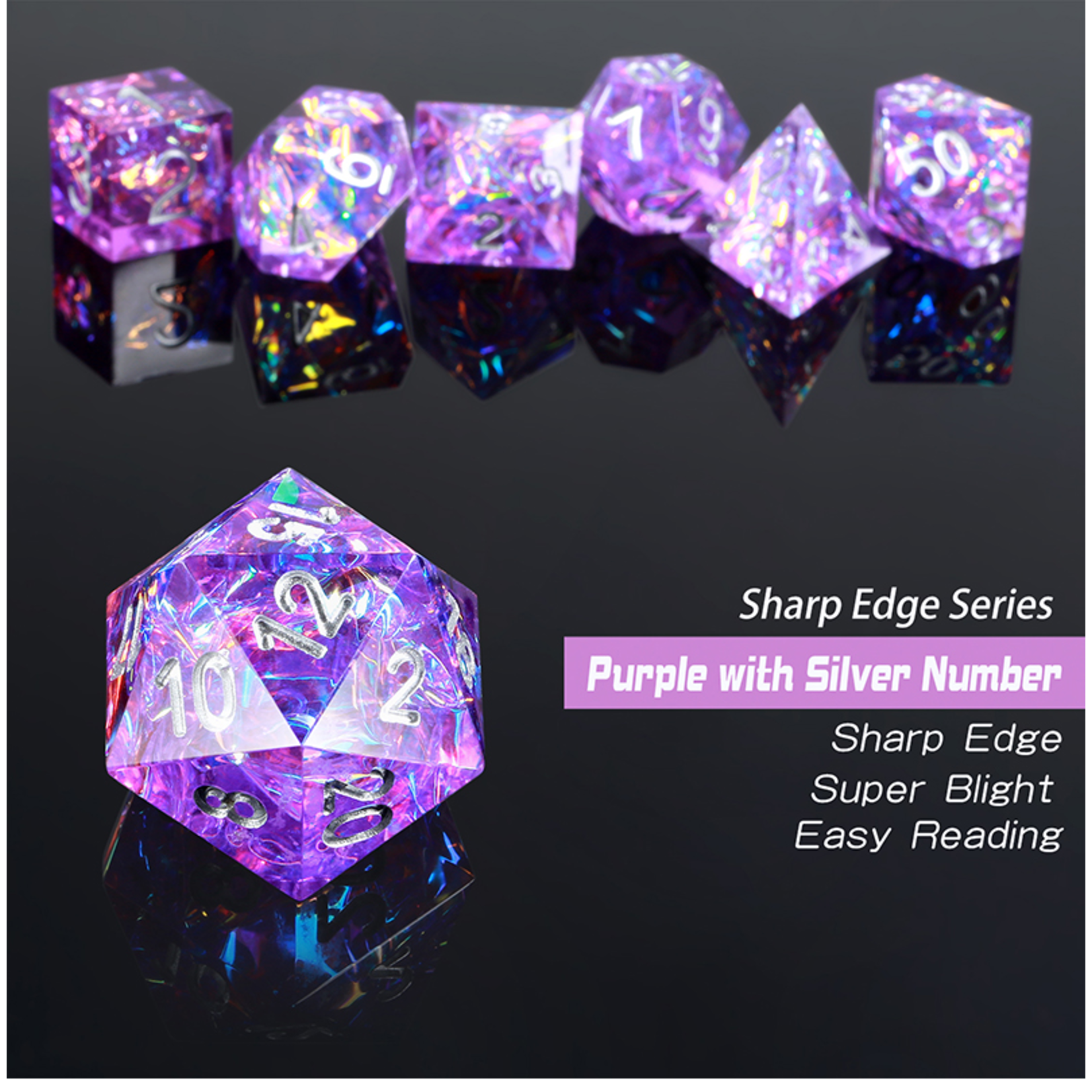 Dice Habit Dice: 7pc Sharp Edge Nebula - Purple & Silver