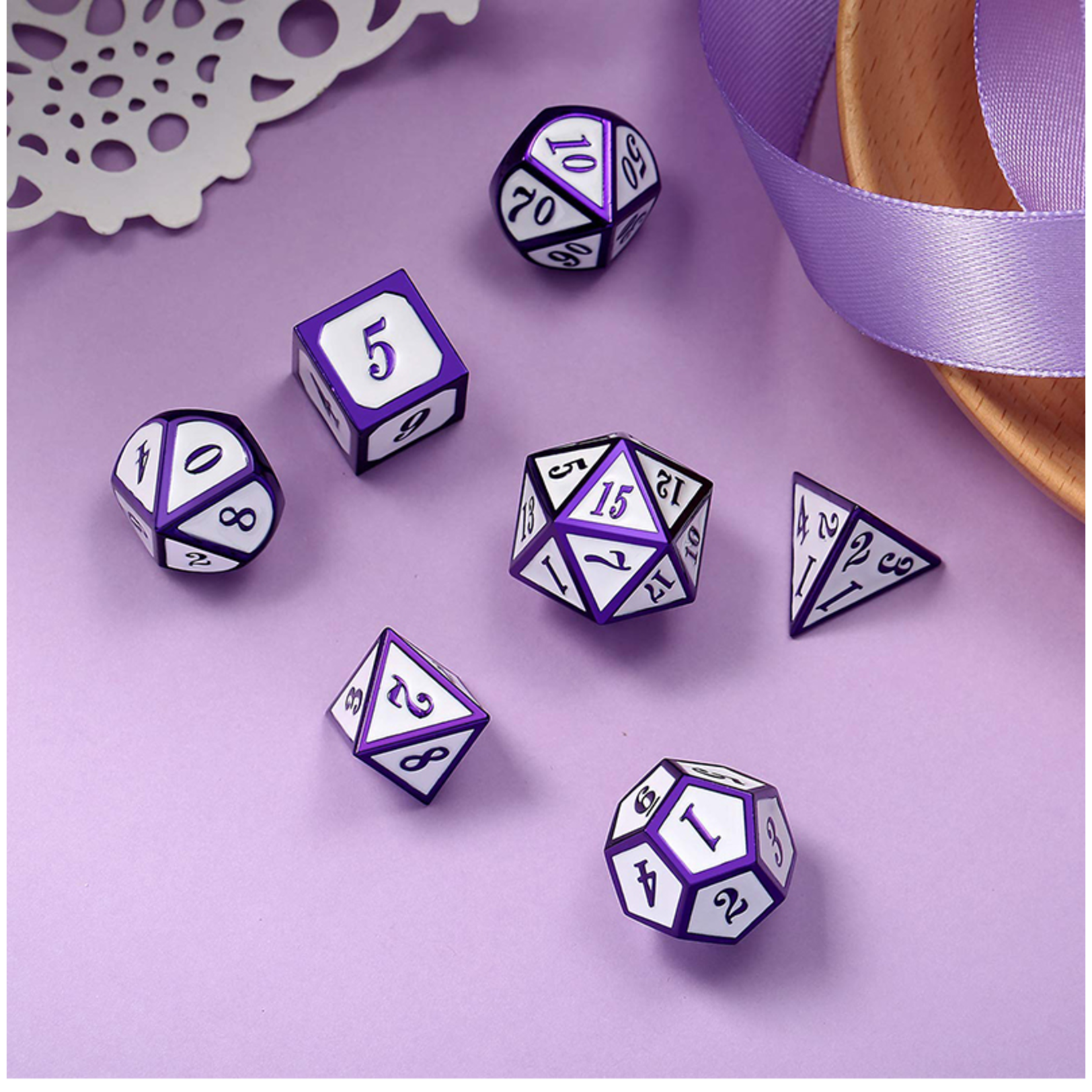Dice Habit Dice: 7pc Metal & Enamel White & Purple