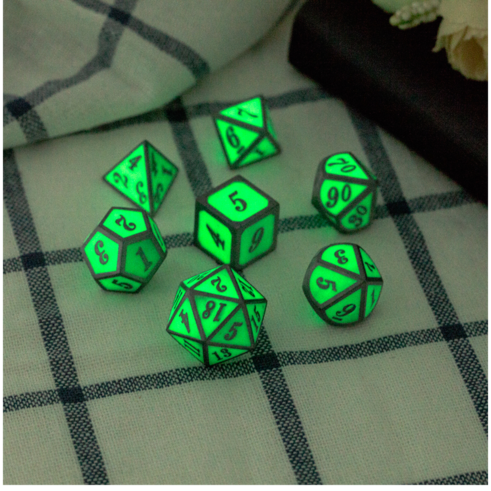 Dice Habit Dice: 7pc Metal & Enamel Green Glow in the Dark