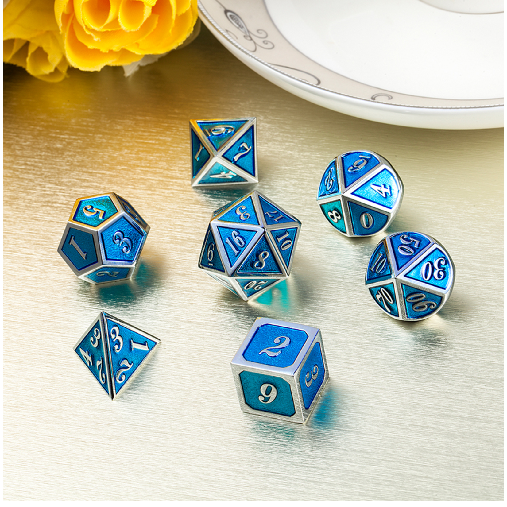 Dice Habit Dice: 7pc Metal & Enamel Cyan & Silver