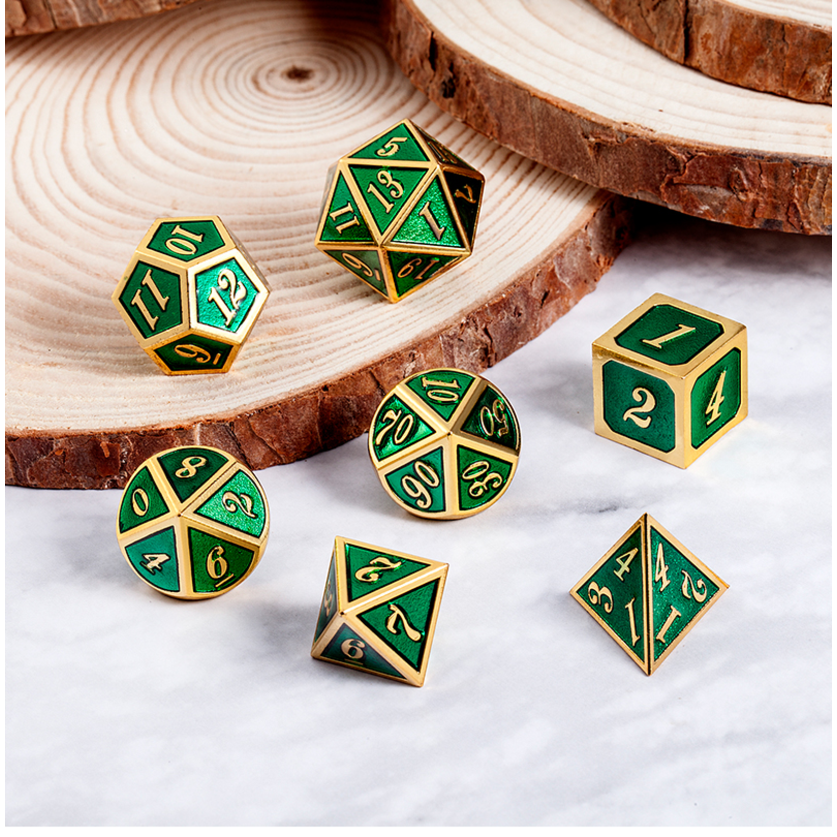 Dice Habit Dice: 7pc Metal & Enamel Green & Gold