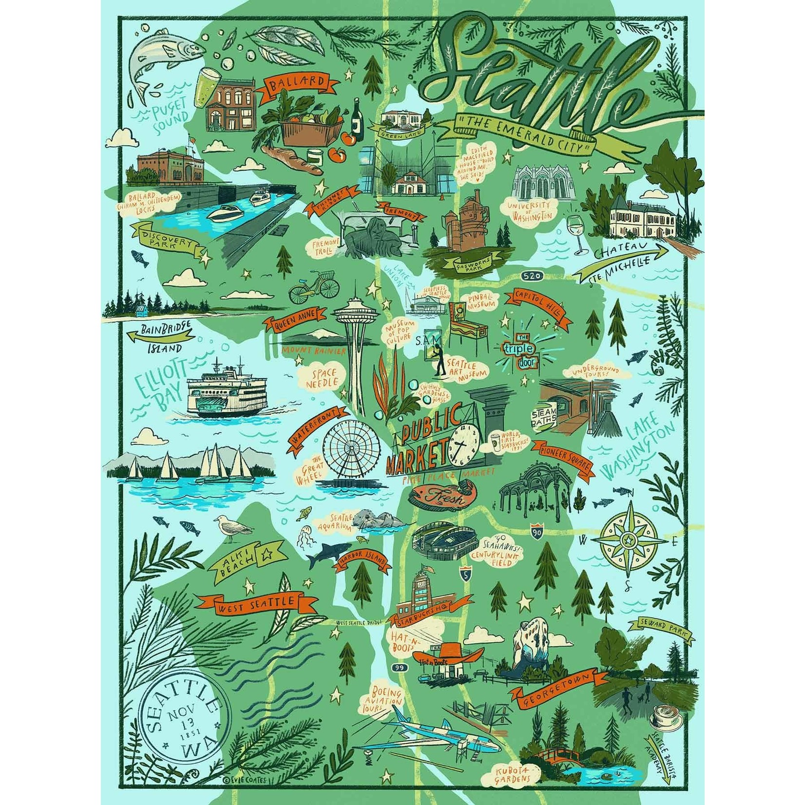 True South Puzzle Co Seattle Illustrated 500pc