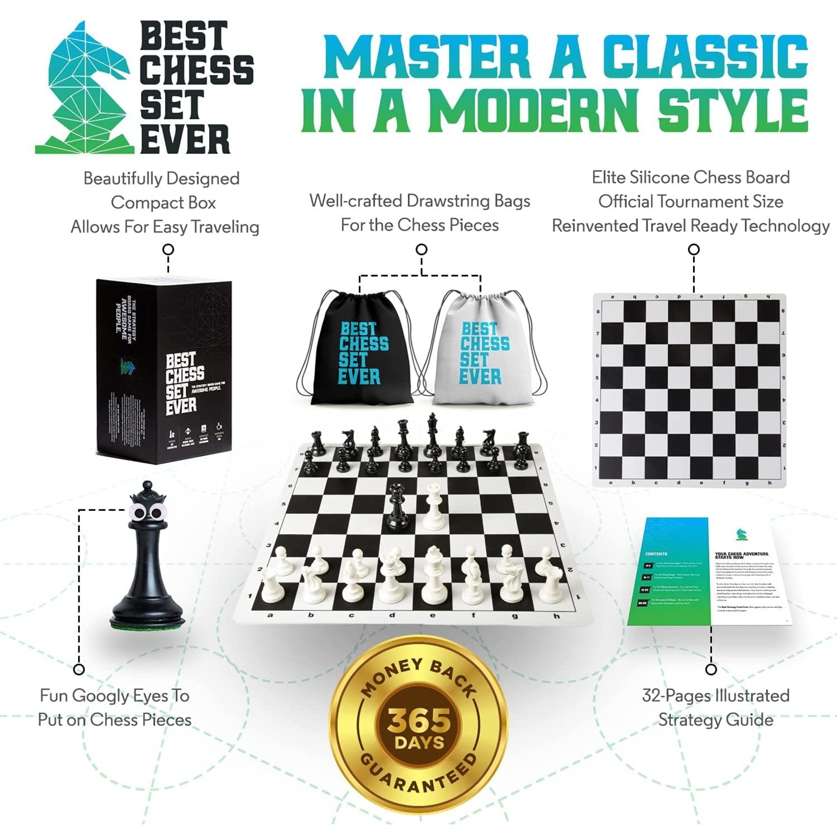 Best Chess Set Ever-Chess Game with Green Silicone Board Triple Weight Pieces 