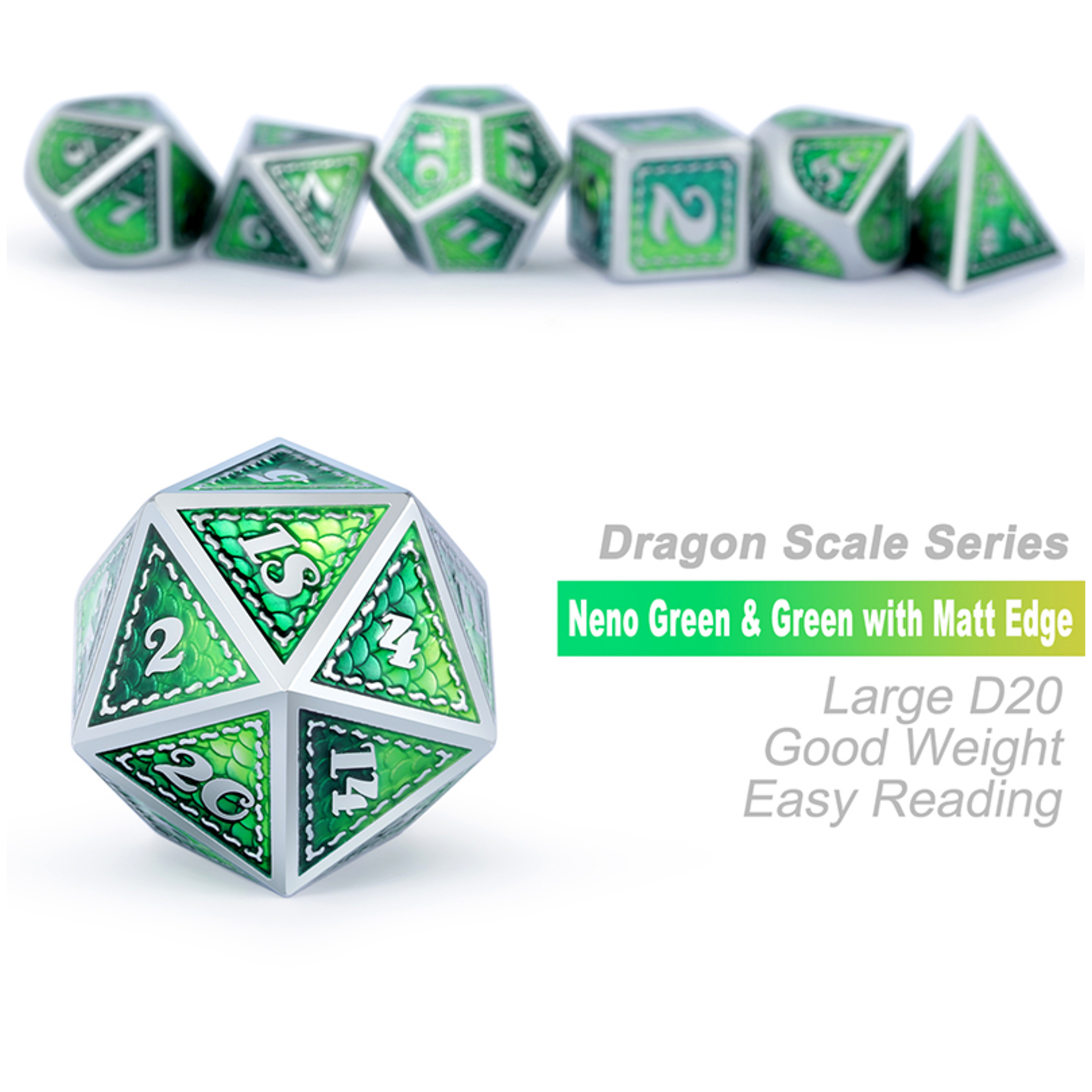 Dice Habit Dice: 7pc Metal & Enamel Dragon Scale - Dragon Green