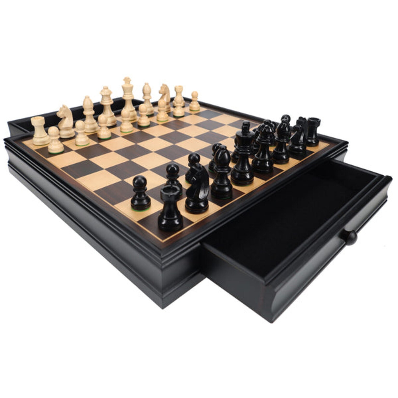 Wood Expressions CHESS SET:  Black/Natural Wood Stauton & Drawer (15")