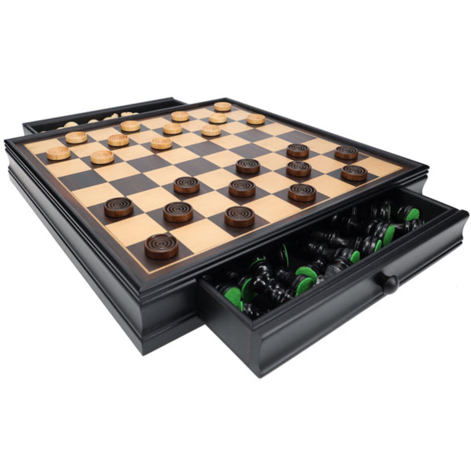 Wood Expressions CHESS SET:  Black/Natural Wood Stauton & Drawer (15")