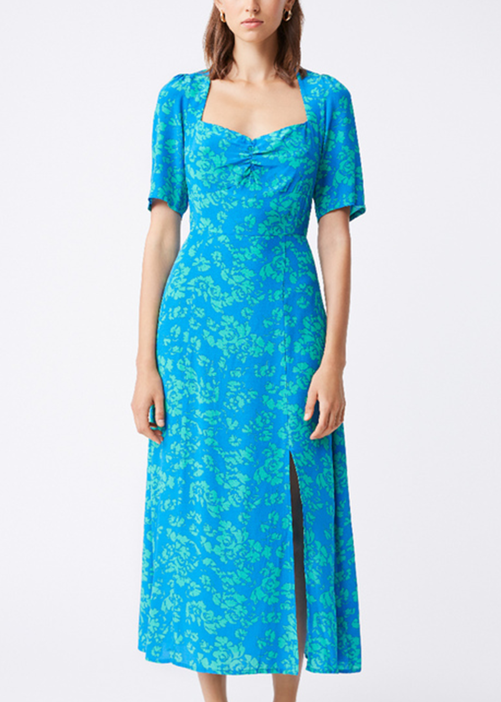 The Square Neck Side Split Midi Dress - Women's Long Sleeve Floral Square  Neck Midi Dress - Blue - Dresses