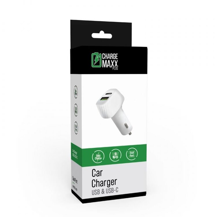 Charge MAXX Dual-Port Car Charger, USB & USB-C 18W - Black or White