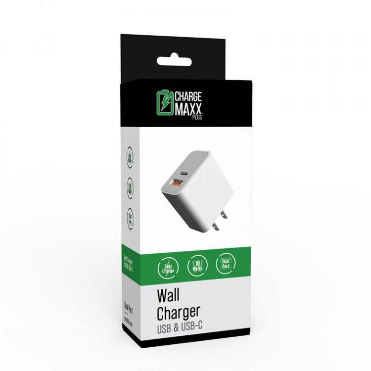 Charge MAXX Dual-Port Wall Charger, USB & USB-C 18W - Black or White