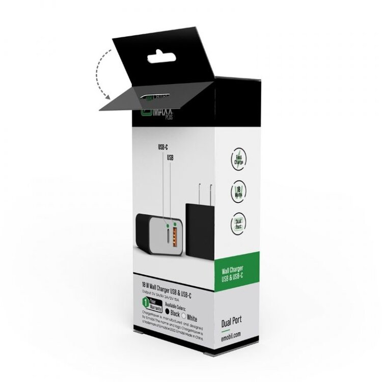 Charge MAXX Dual-Port Wall Charger, USB & USB-C 18W - Black or White