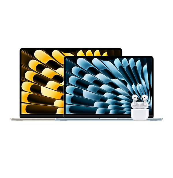 Image of a 15" and 13" MacBook Air with AirPods 4 with adaptive noise cancellation