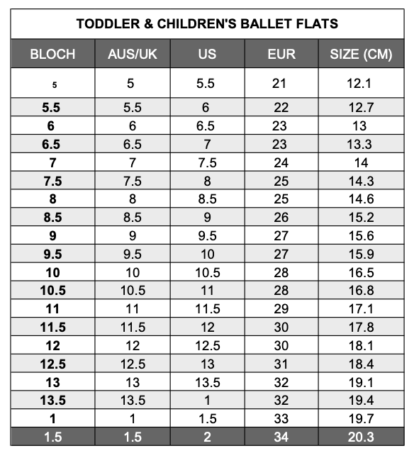 Bloch Ballet Shoes Size Chart