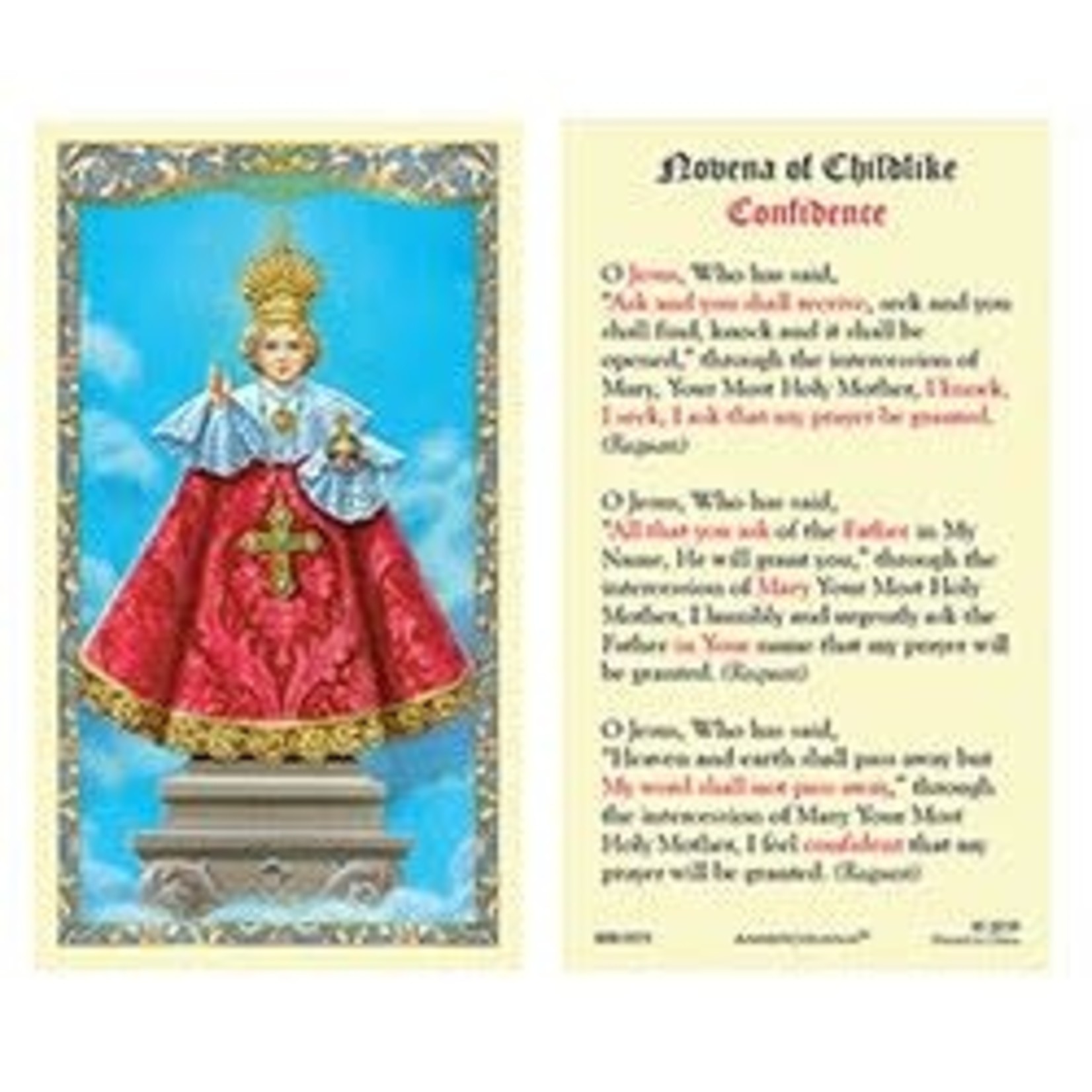 Prayer Card Infant of Prague Novena of Childlike Confidence
