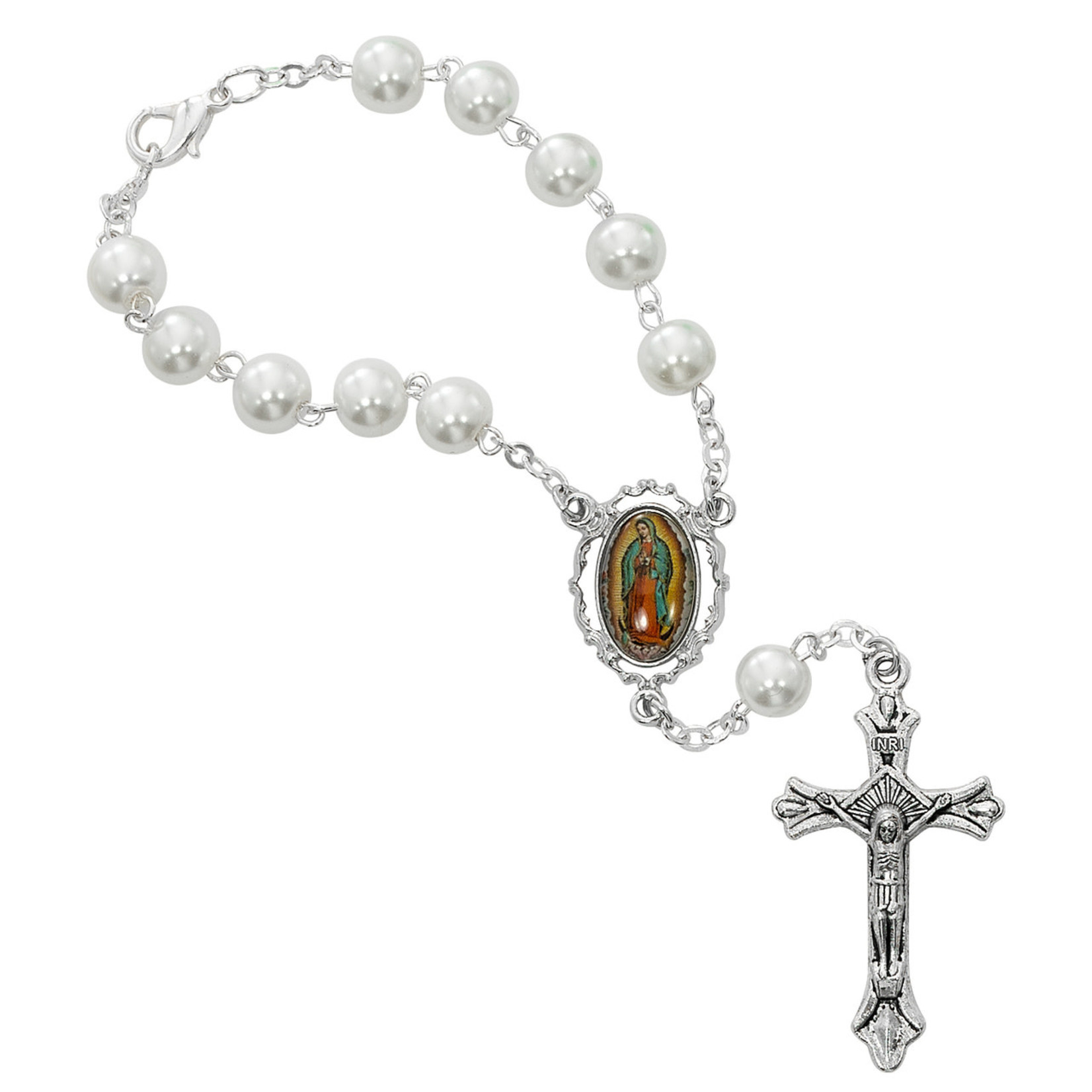 Our Lady of Guadalupe White Pearl Bead Auto Rosary