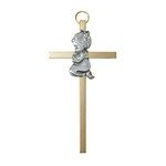 Mini Wall Cross With Girl 4.25" Brass & Pewter
