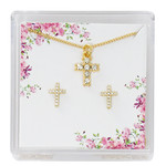 Gold Crystal Cross Earring and Pendant Set