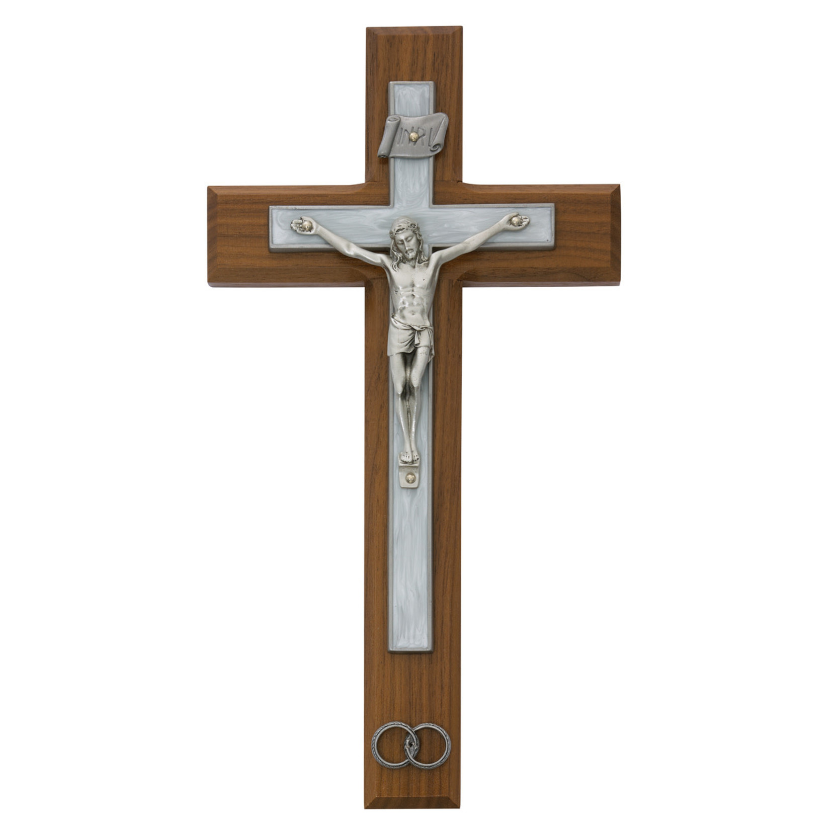 Walnut Wedding Wall Crucifix with White Inlay