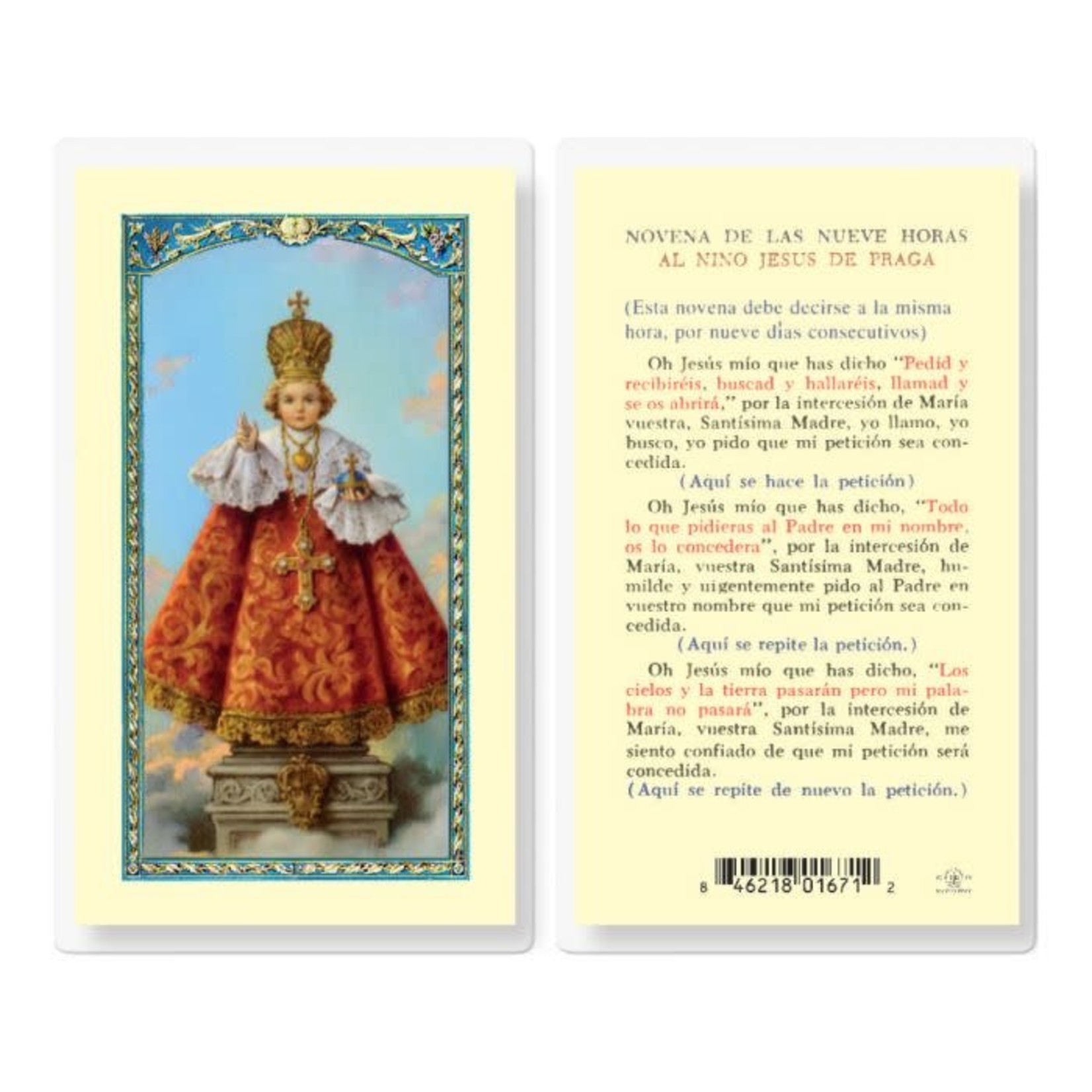 Novena de las Nueve Horas al Nino Jesus de Praga Prayer Card (Spanish)