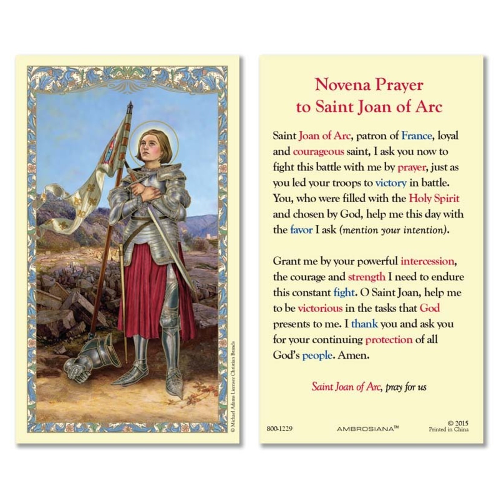 Prayer Card Novena to Saint Joan of Arc
