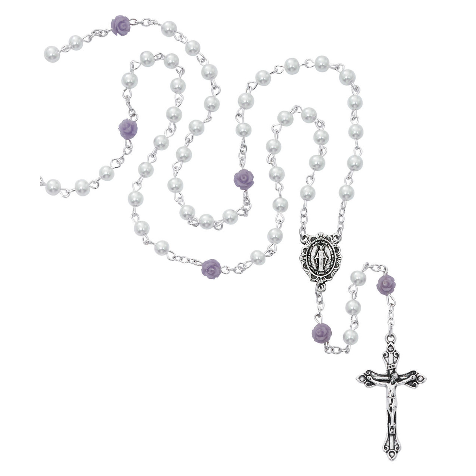 White Pearl with Lavender Rose Bead Rosary