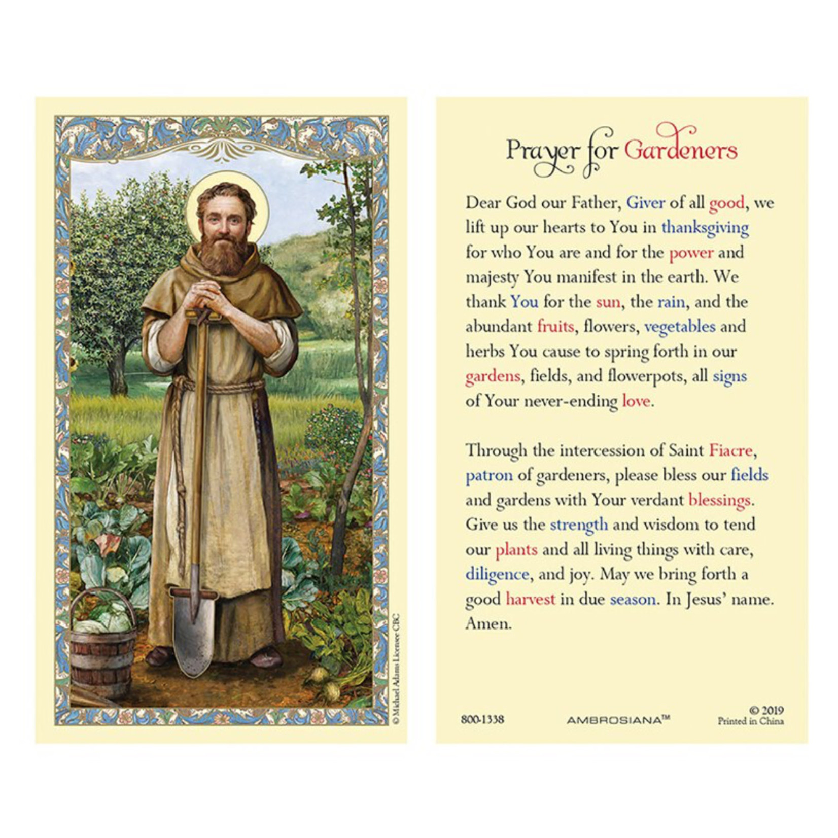 St Fiacre for Gardeners Prayer Card
