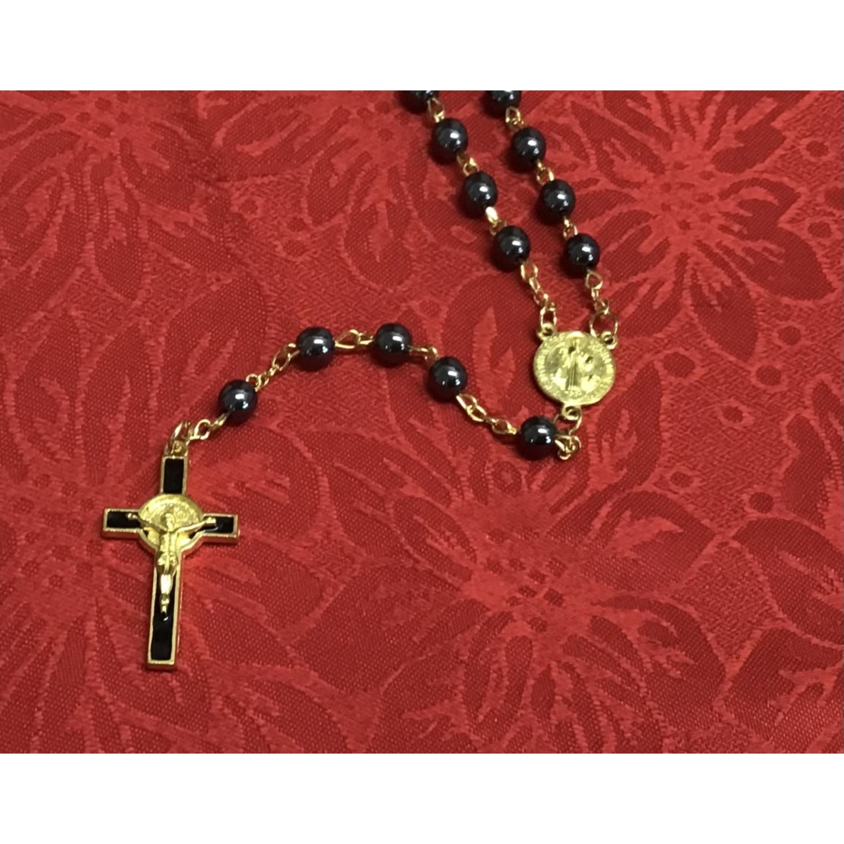 Hematite and Gold Saint Benedict Rosary