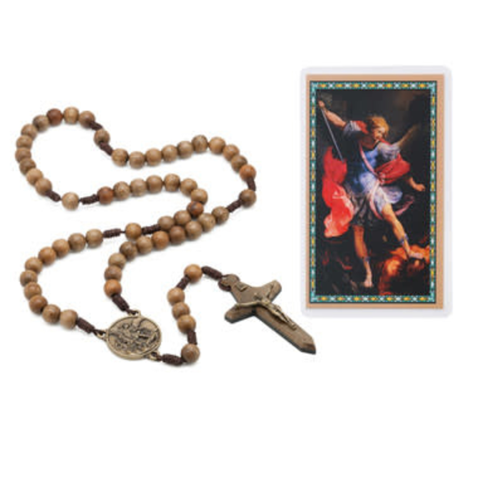 St Michael Large Wood Rosary with Prayer Card