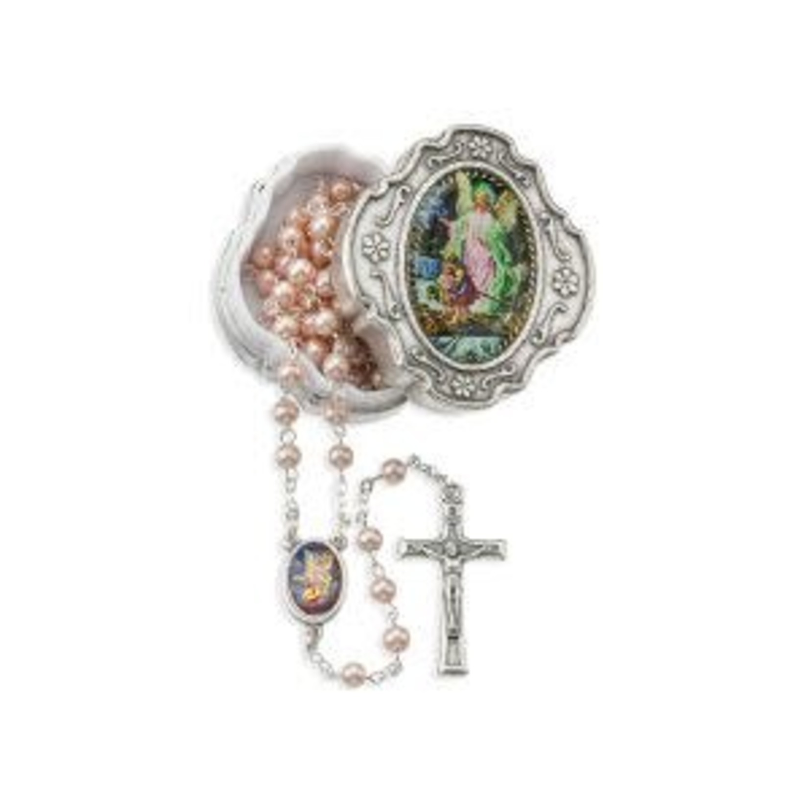 Guardian Angel Pink Rosary with Metal Case