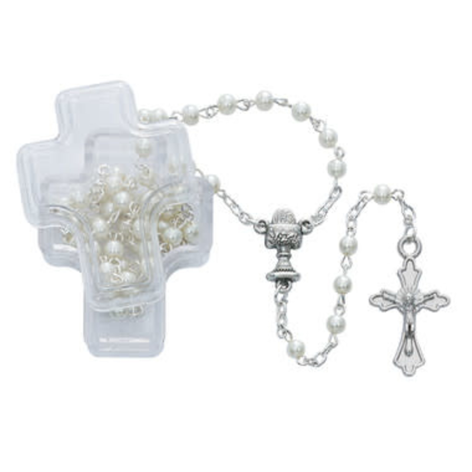 White Communion Rosary in Cross Case