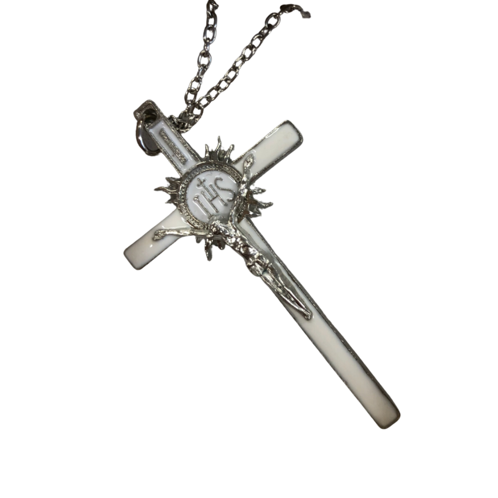 Silver and White Crucifix Pendant with Chain