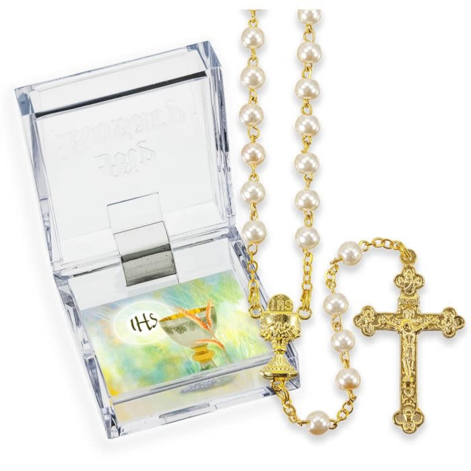 White Pearl Gold Communion Rosary with Case