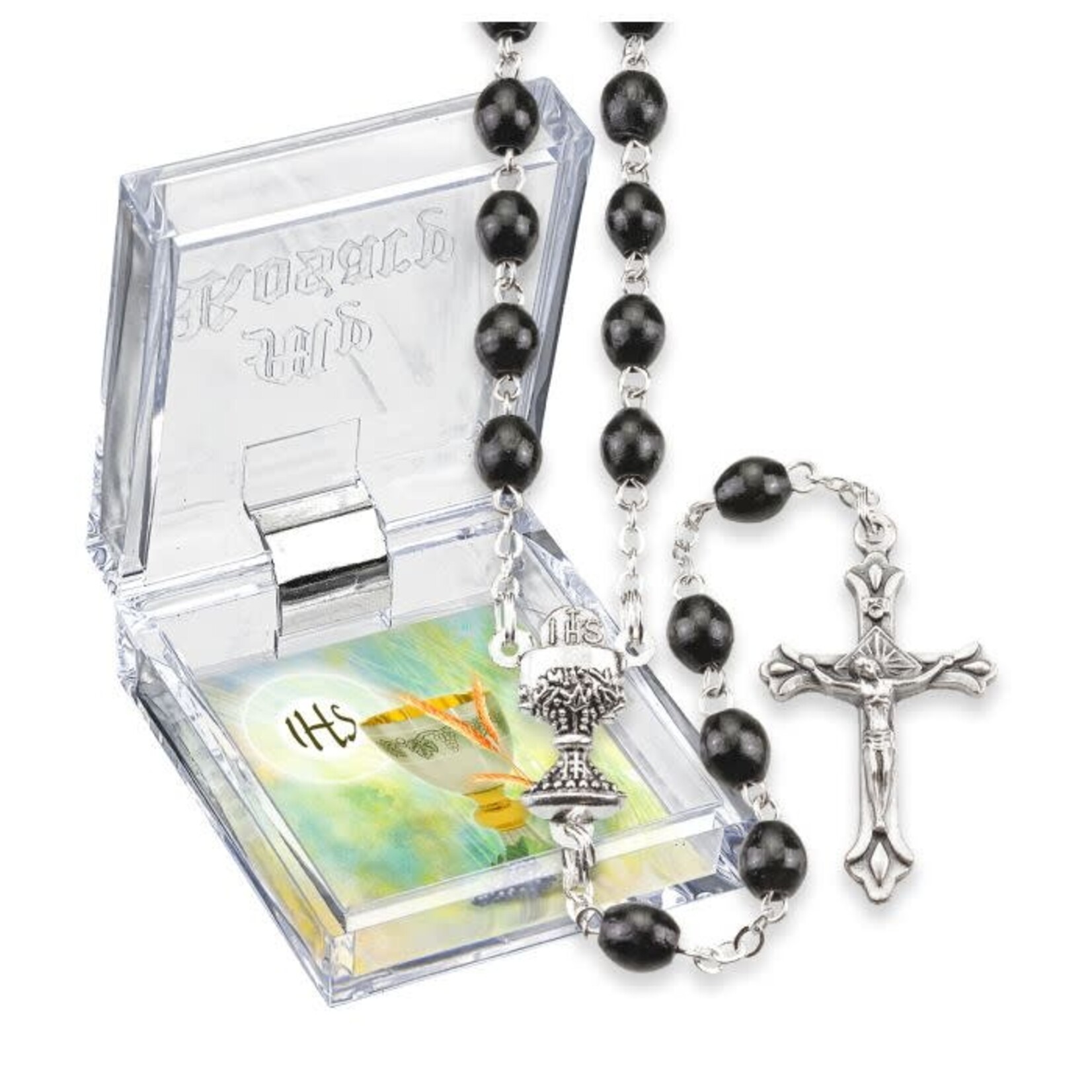Black Wood Silver Communion Rosary with Case