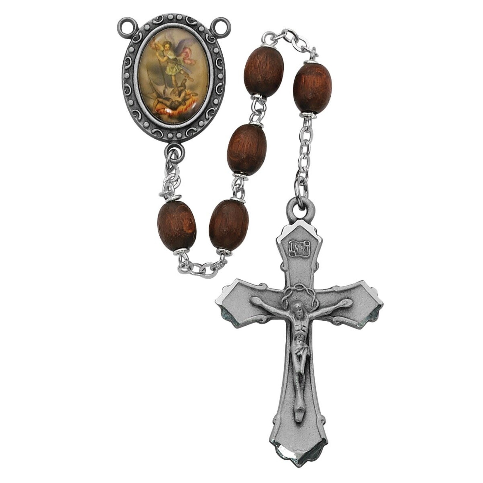 St Michael Brown Wood Pewter Deluxe Rosary