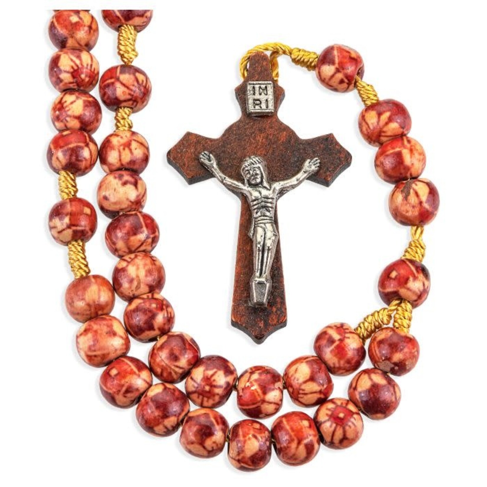 Red Flower Wood Bead Rosary Corded