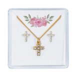 Gold and Crystal Cross Earring and Pendant Set