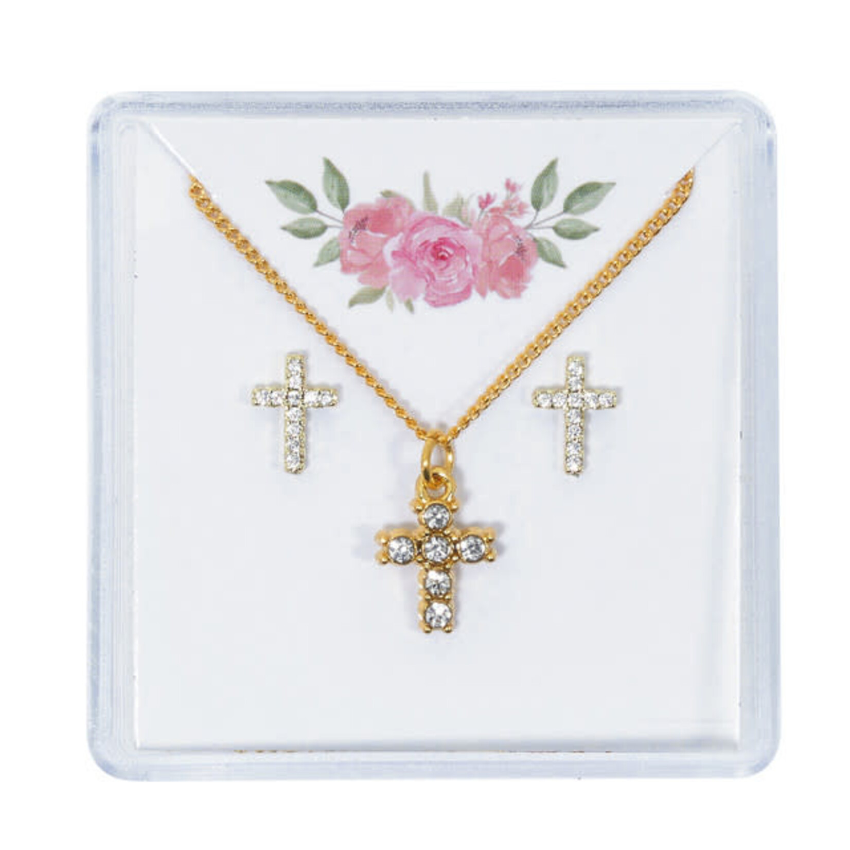 Gold and Crystal Cross Earring and Pendant Set