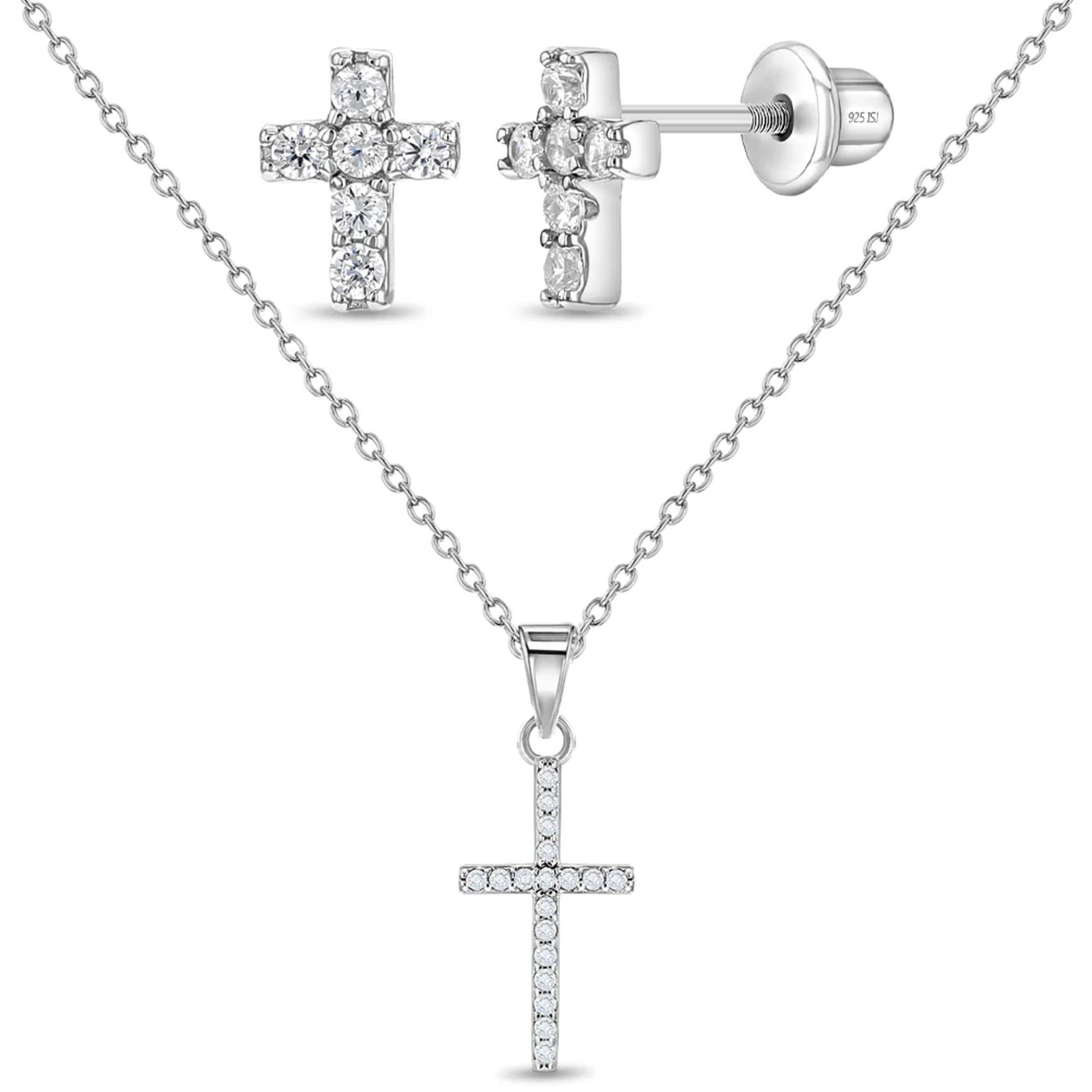 Sterling Silver CZ Cross Earring and Pendant Set