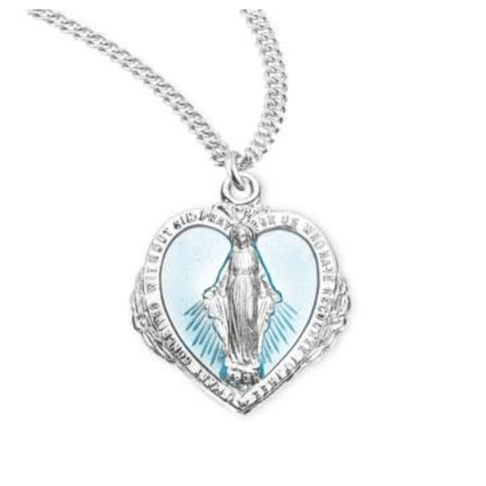 Sterling Silver Miraculous Medal Heart with Blue