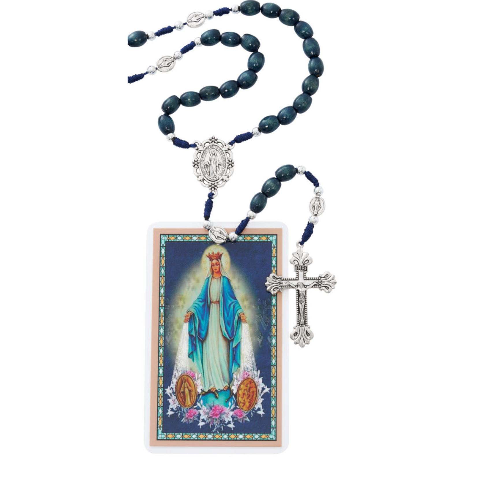 Large Blue and Silver Miraculous Wood Rosary