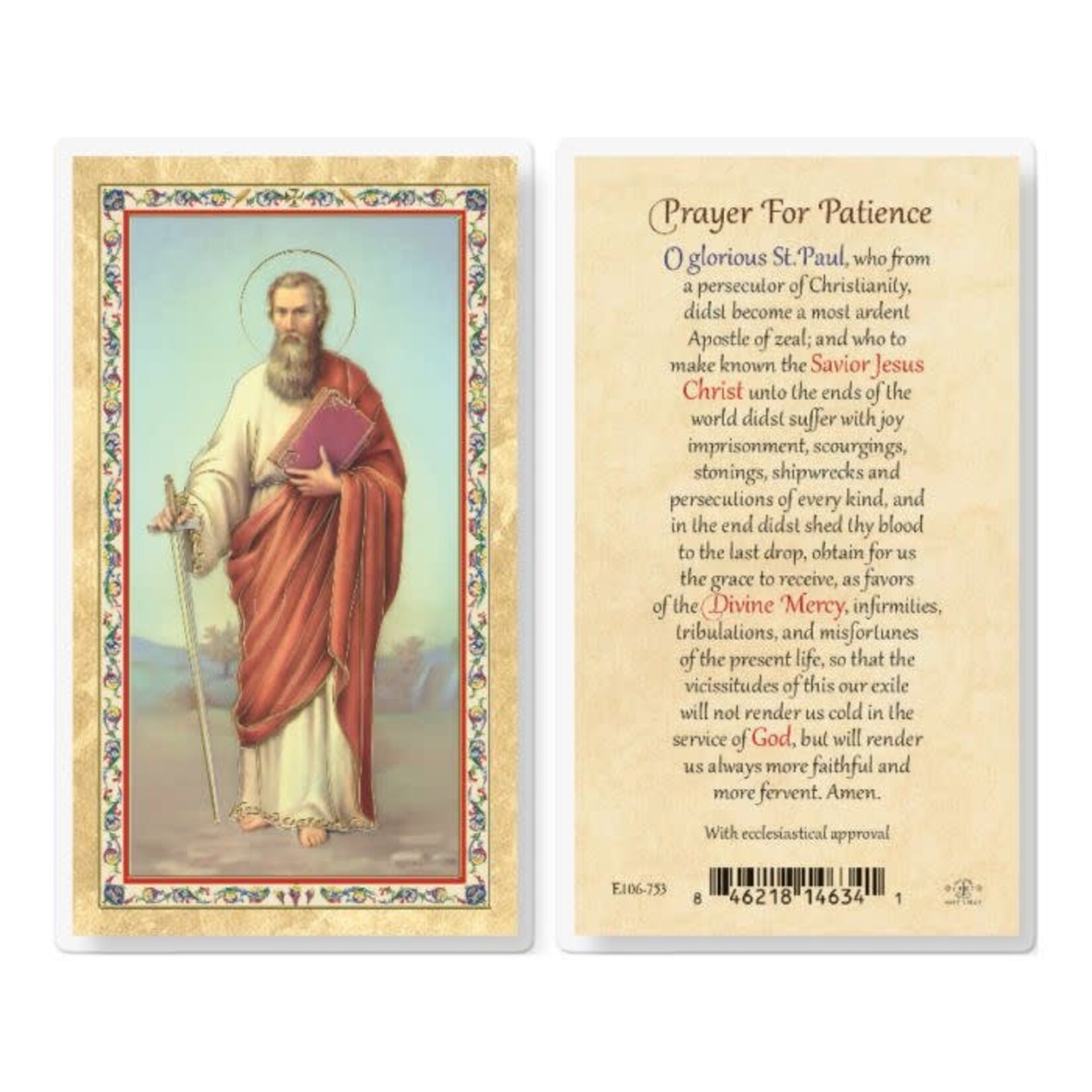 Prayer Card St Paul for Patience