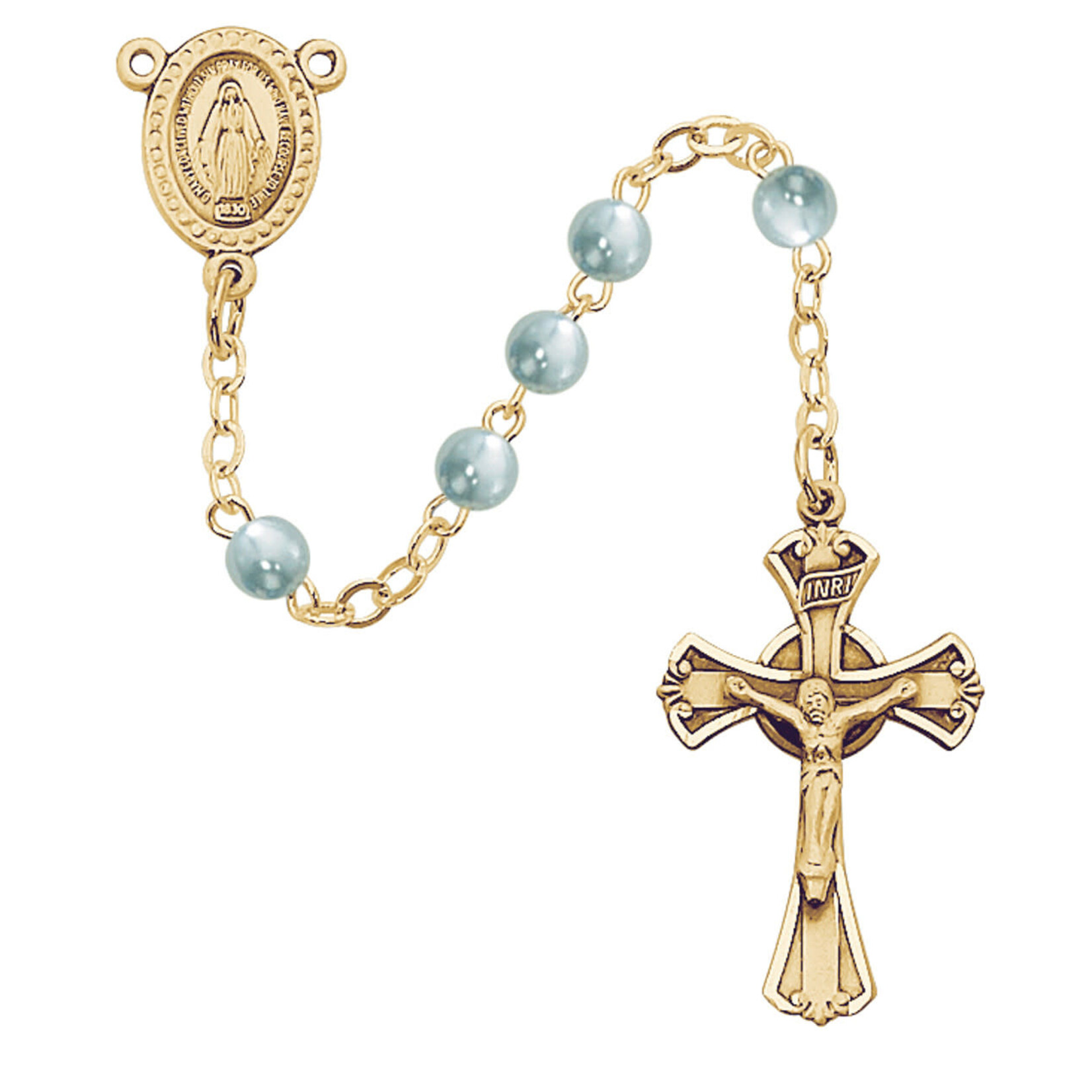 Gold Over Pewter Blue Glass Rosary