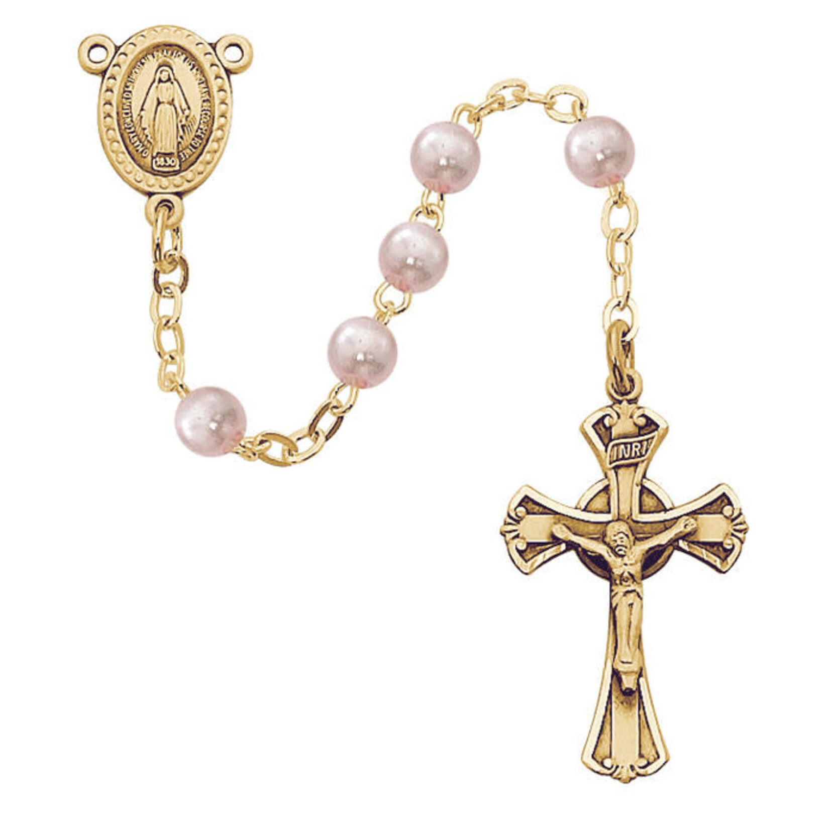 Gold Over Pewter Pink Glass Rosary