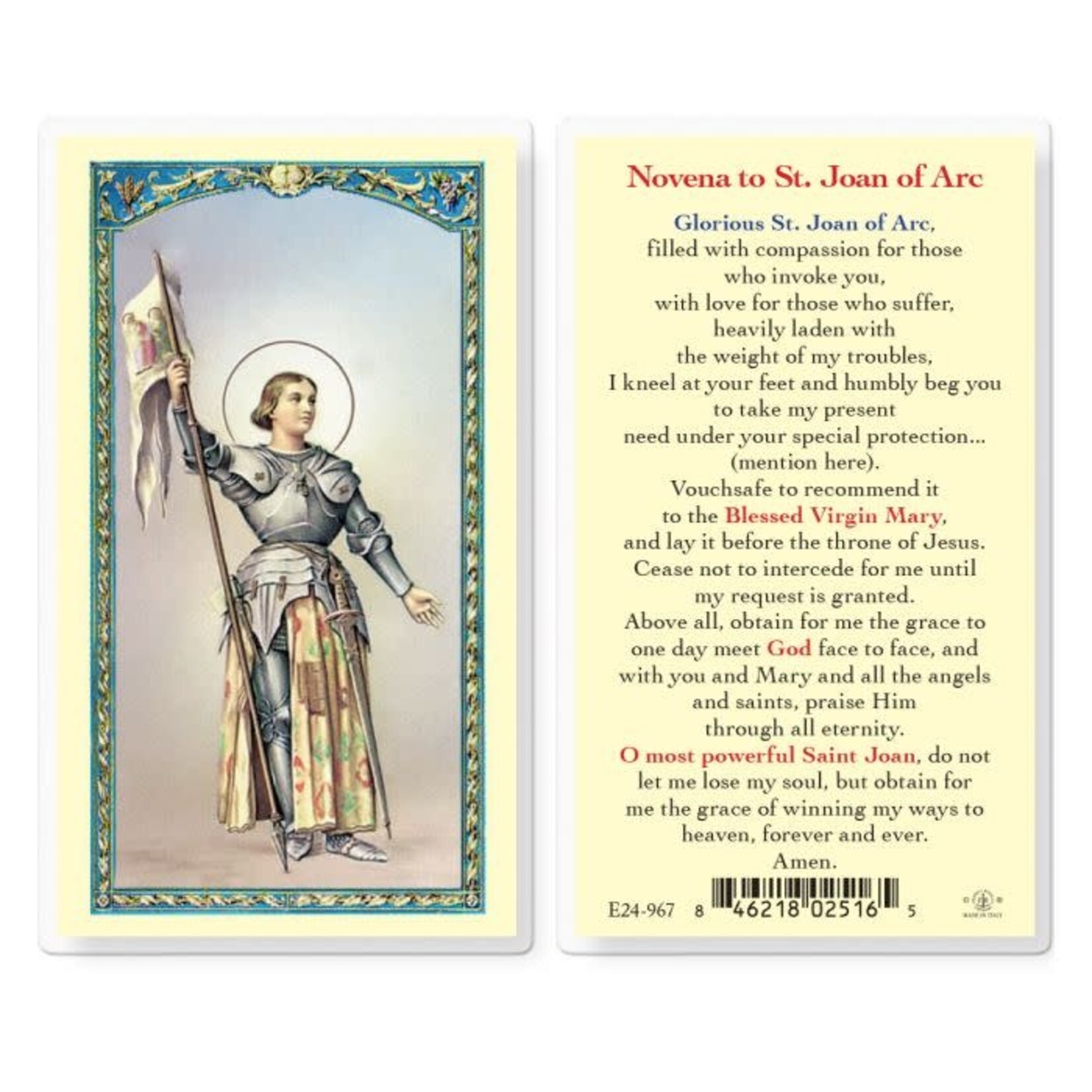 Prayer Card Novena to Saint Joan of Arc