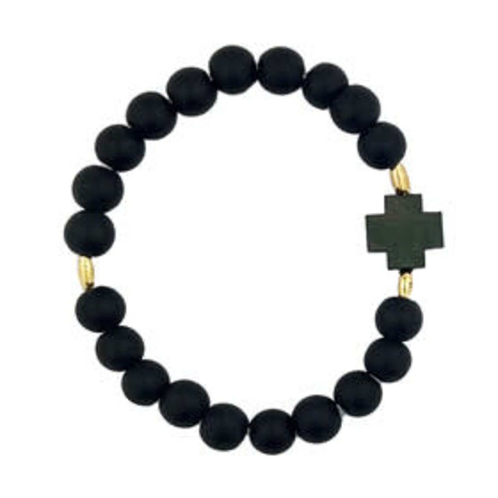 Black Bead Stretch Bracelet with Cross