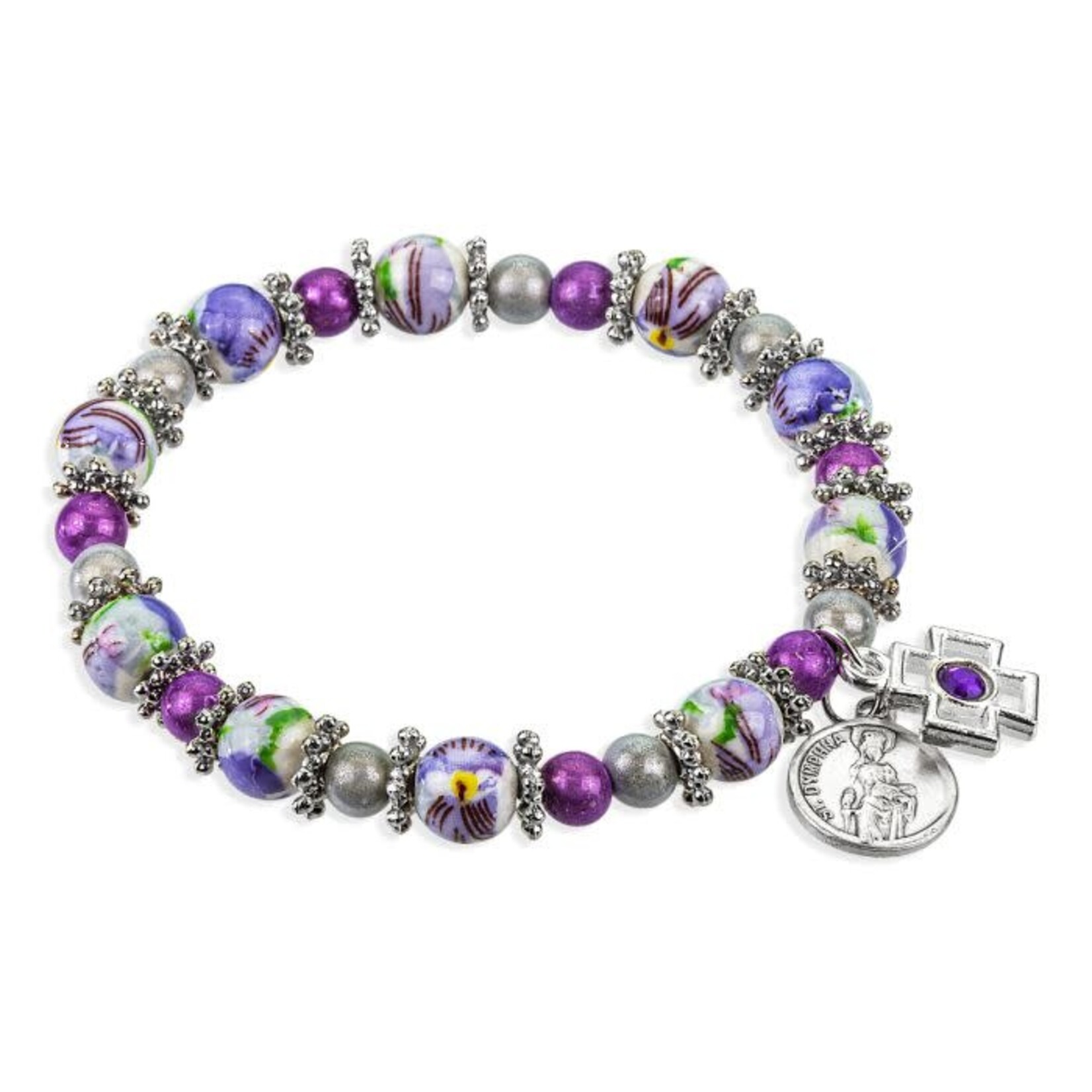 St Dymphna Purple and White Bead Bracelet
