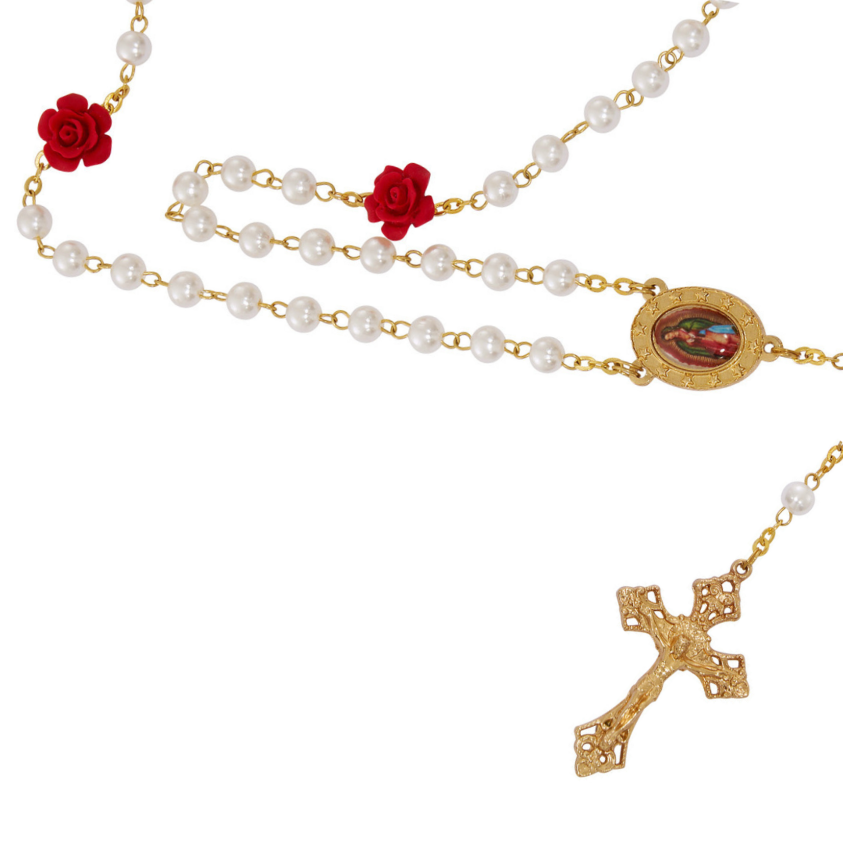 Pearl and Red Rose Guadalupe Rosary