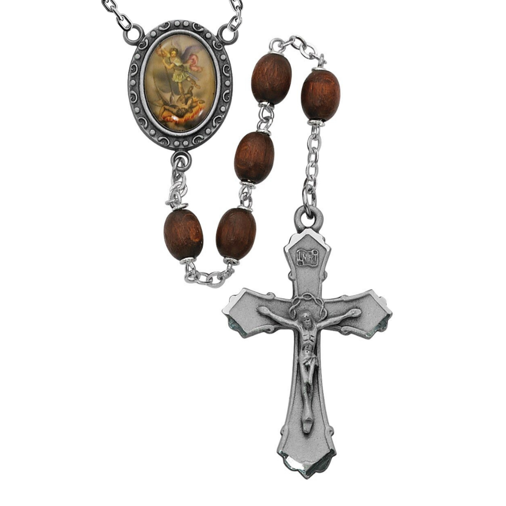 St Michael Brown Wood Pewter Deluxe Rosary